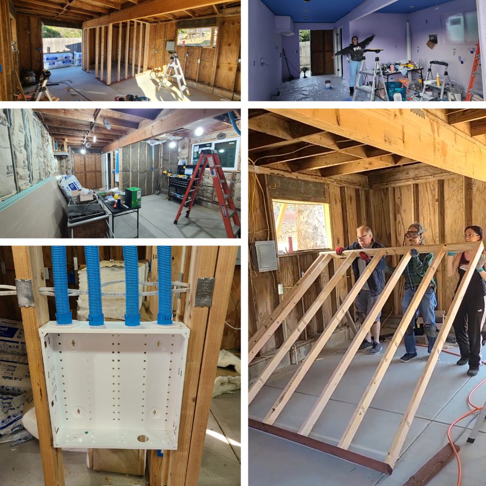 Construction process collage showing framing, drywall, the electrical panel with conduit, and the family raising roof framing