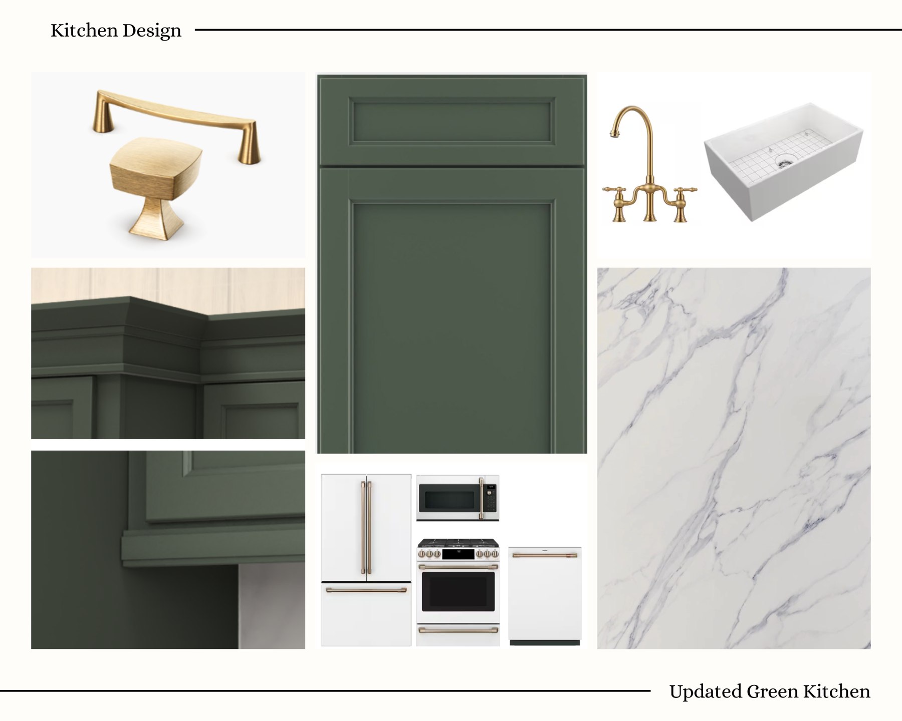Kitchen design mood board showing hardware, cabinet color, countertop, sink, faucet, and appliance selections