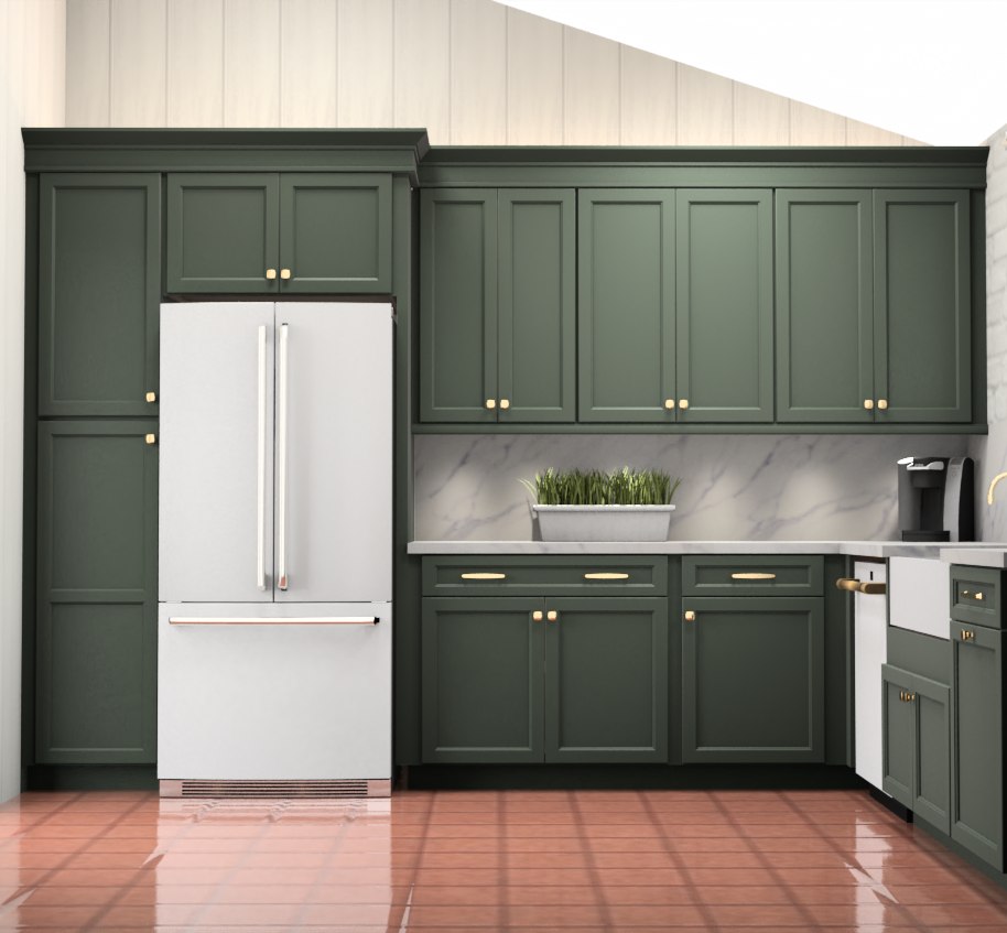 Render of the fridge wall with tall pantry cabinets