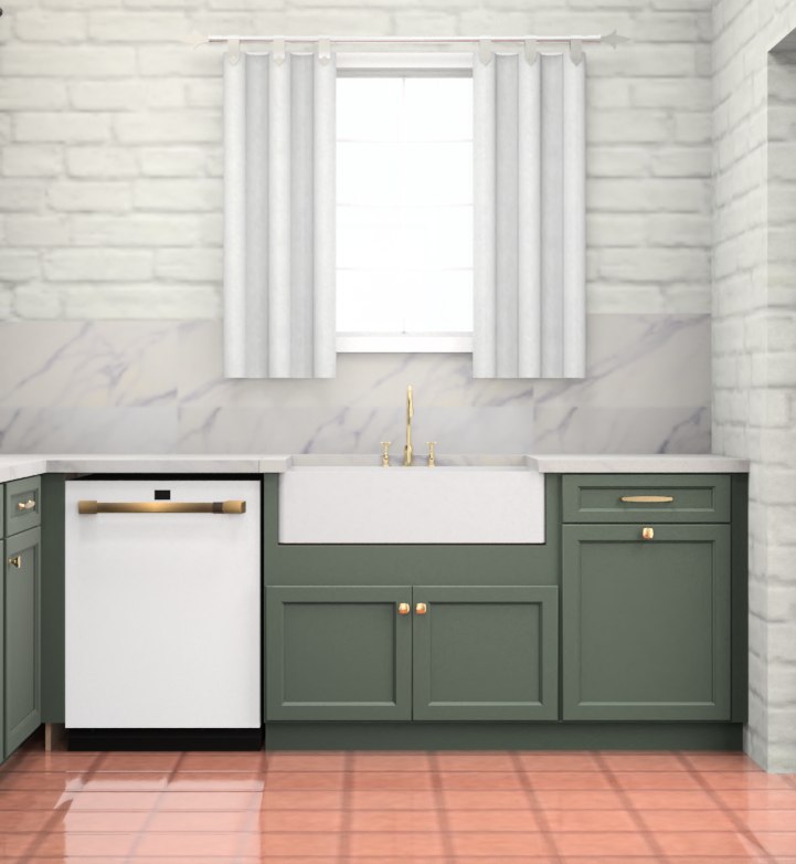 Render of the sink wall with farmhouse sink and window
