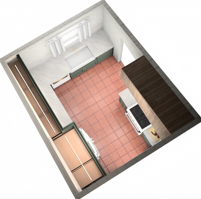 Overhead render of the redesigned kitchen layout