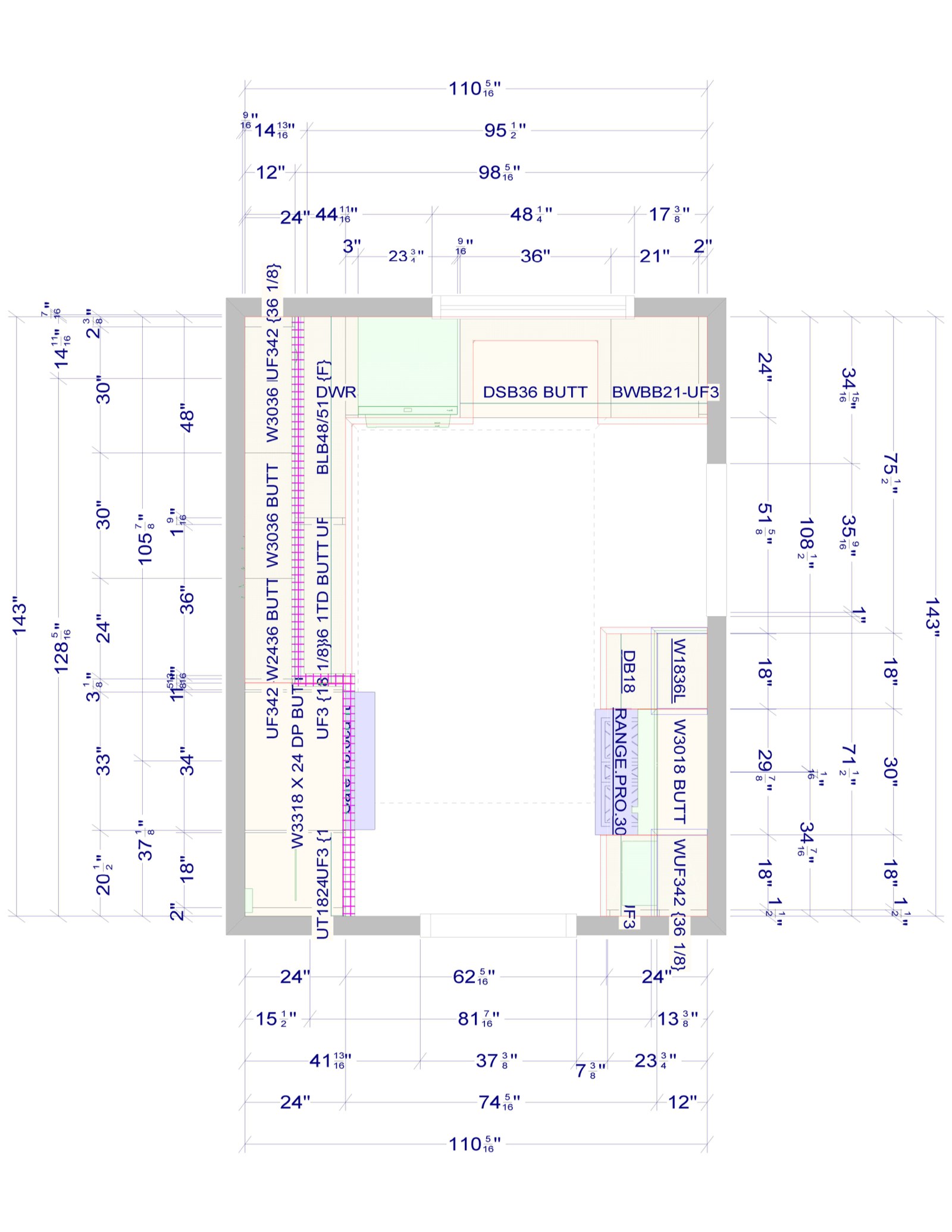 2020 Design floor plan with cabinet codes and full dimension strings