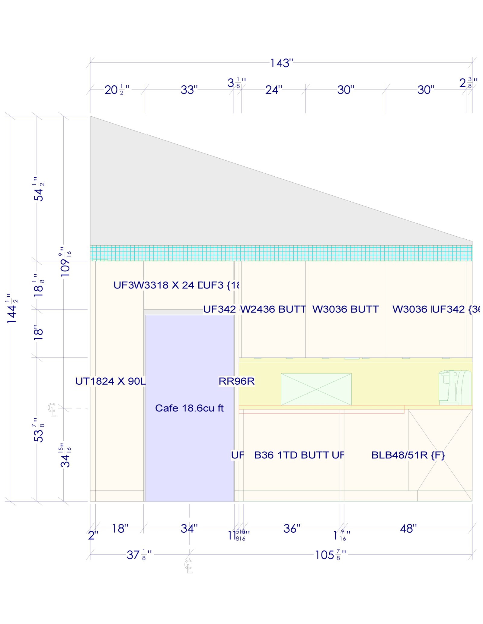 Refrigerator wall elevation with dimensions and cabinet codes
