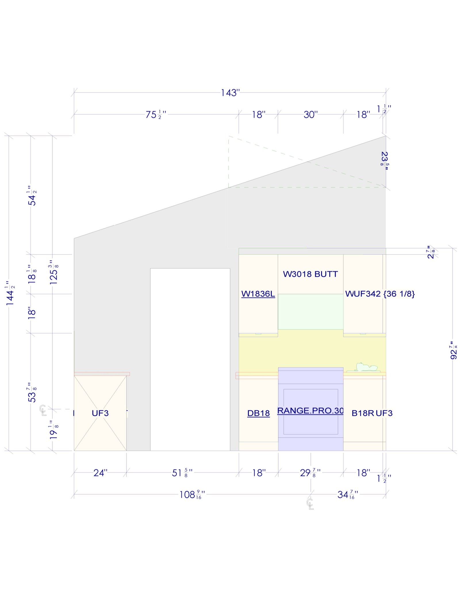 Range wall elevation with dimensions and cabinet codes