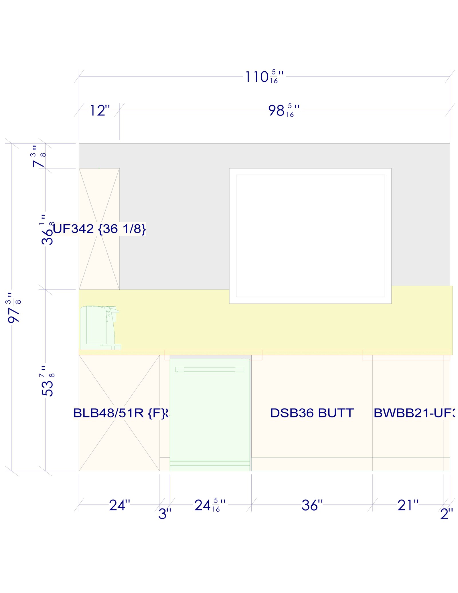 Sink wall elevation with dimensions and cabinet codes