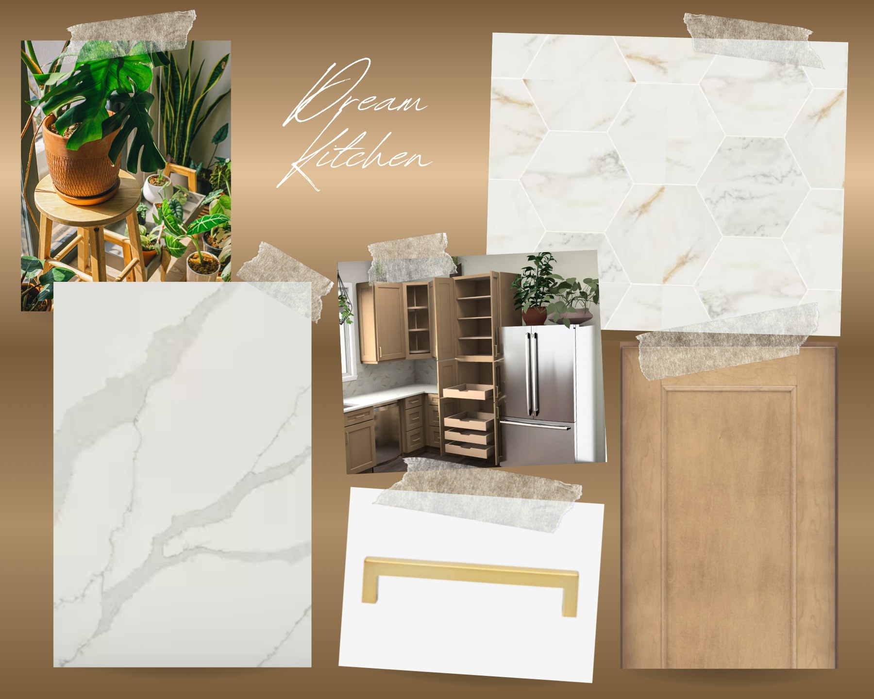 Dream kitchen mood board showing cabinet finish, quartz countertop, hexagon tile, cabinet hardware, and corner pantry pull-outs