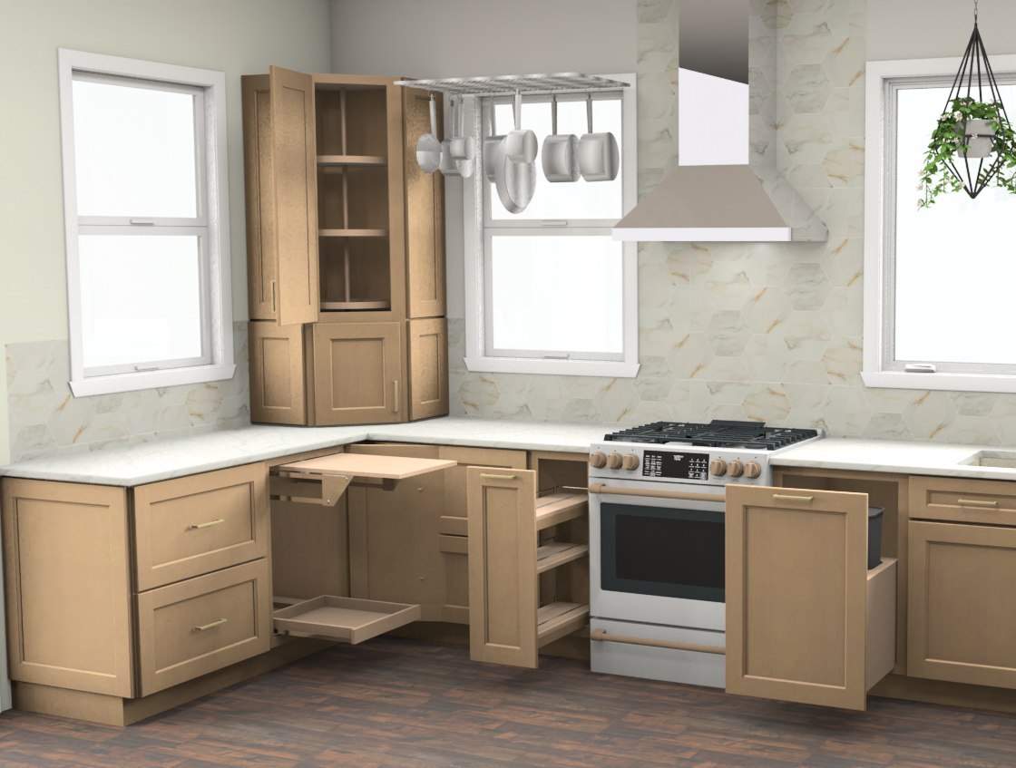 Render of the corner pantry with pull-out drawers and lazy susan