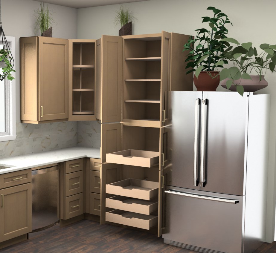 Render of the corner cabinet and pot rack detail