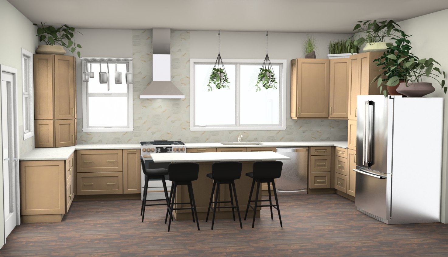 Custom kitchen build render, island and seating