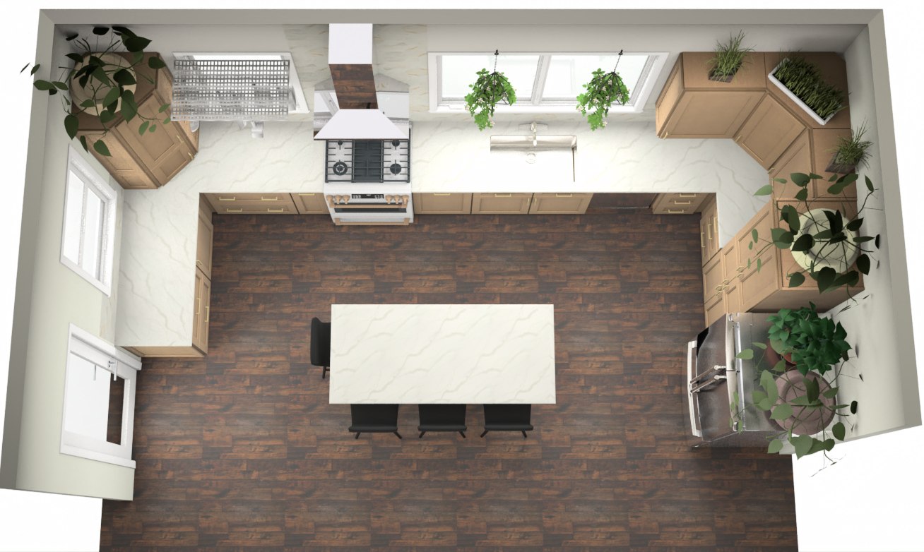 Overhead render of the finished kitchen layout