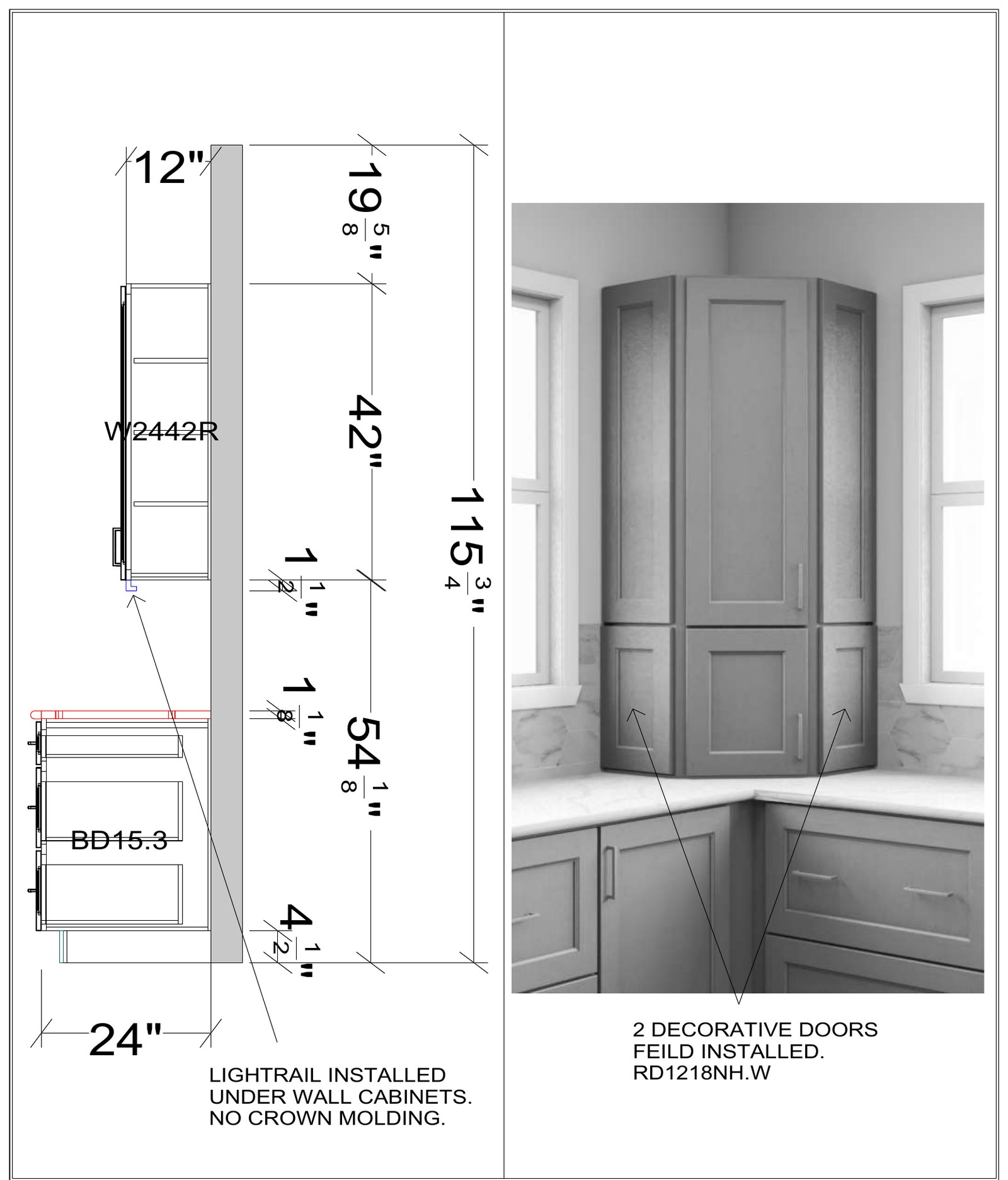 Corner cabinet detail with light rail note and photo reference