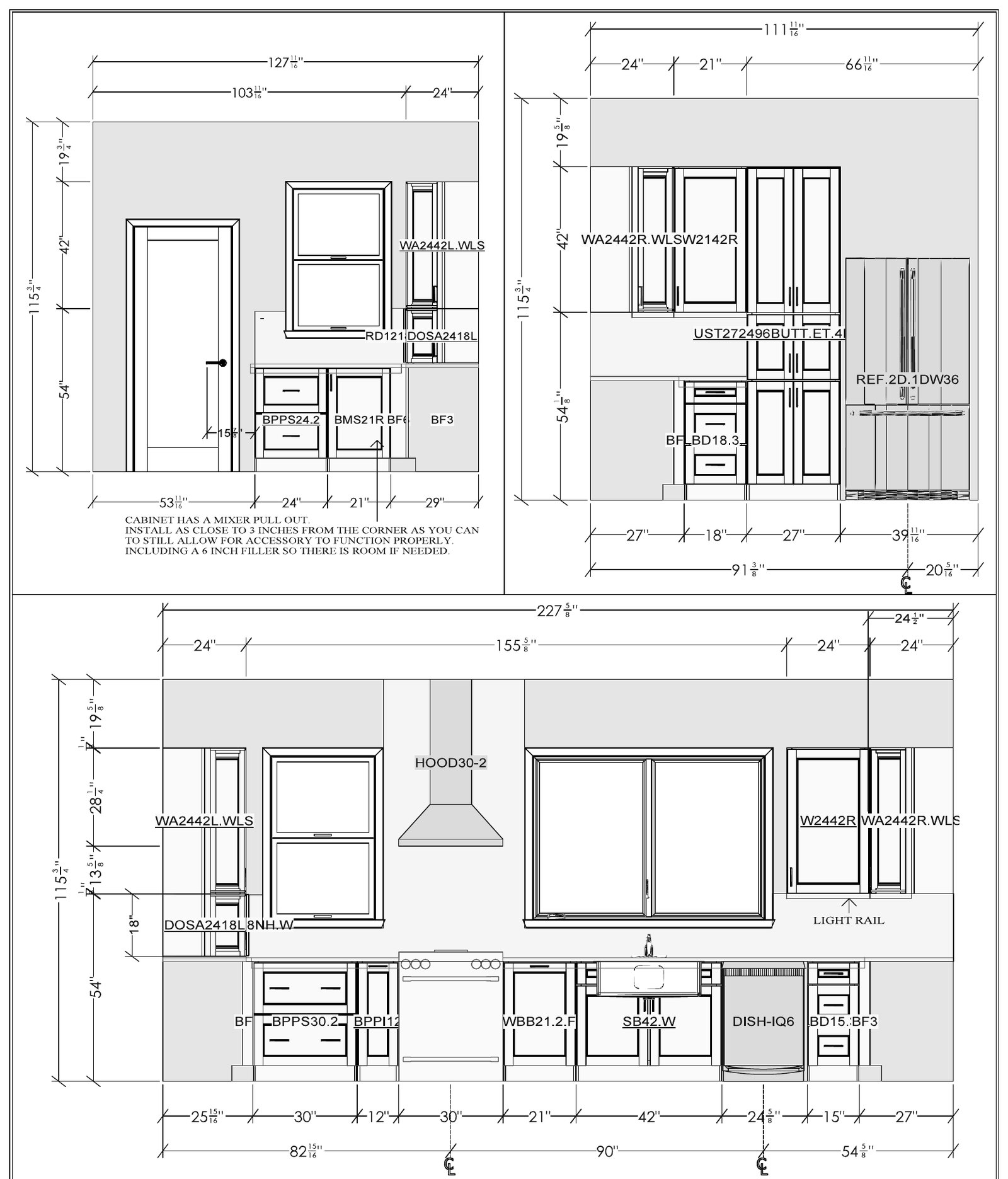 Kitchen elevations with cabinet codes and mixer pull-out note