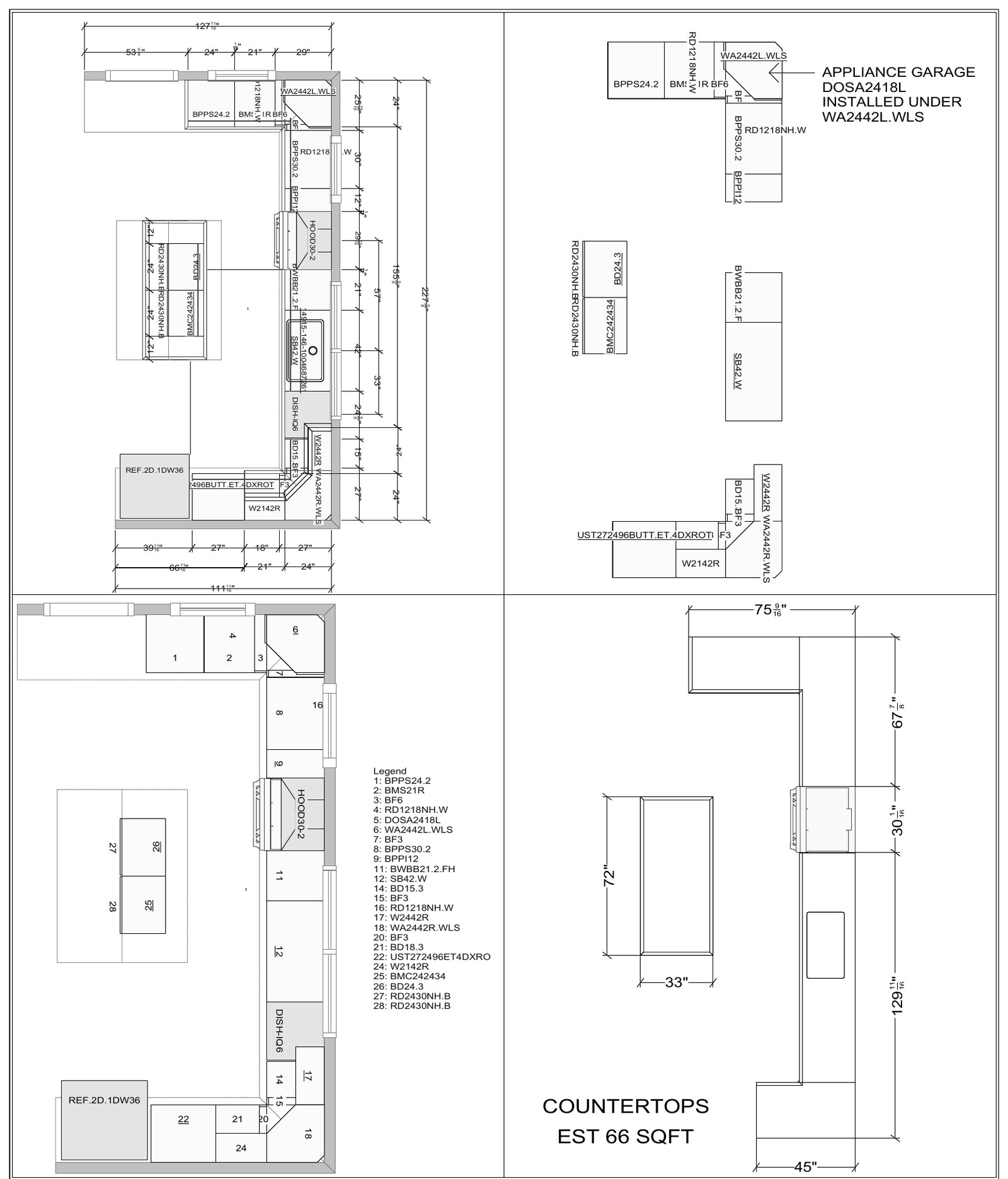 Floor plan with full dimension strings and cabinet codes
