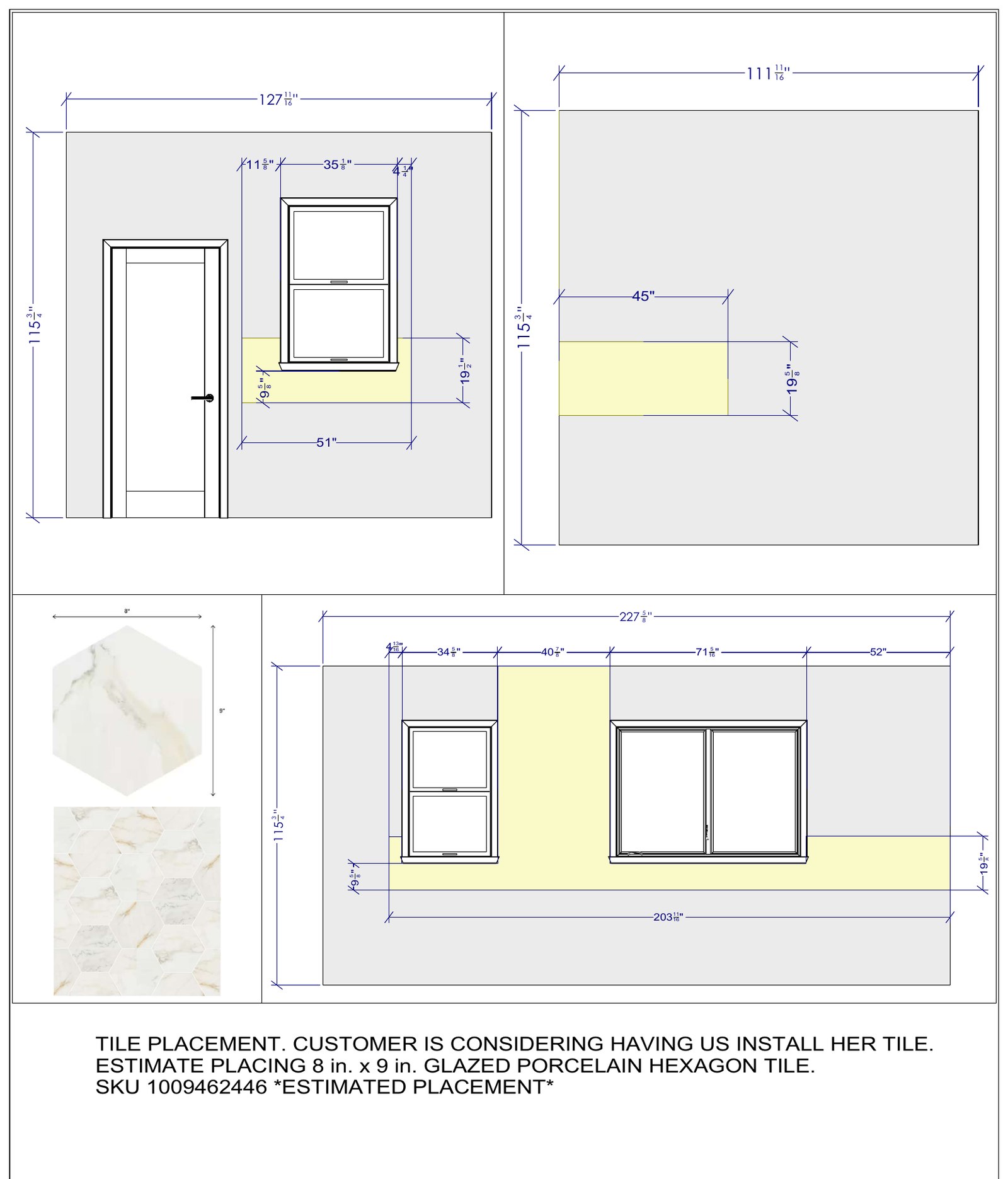 Tile placement plan with hexagon tile sample