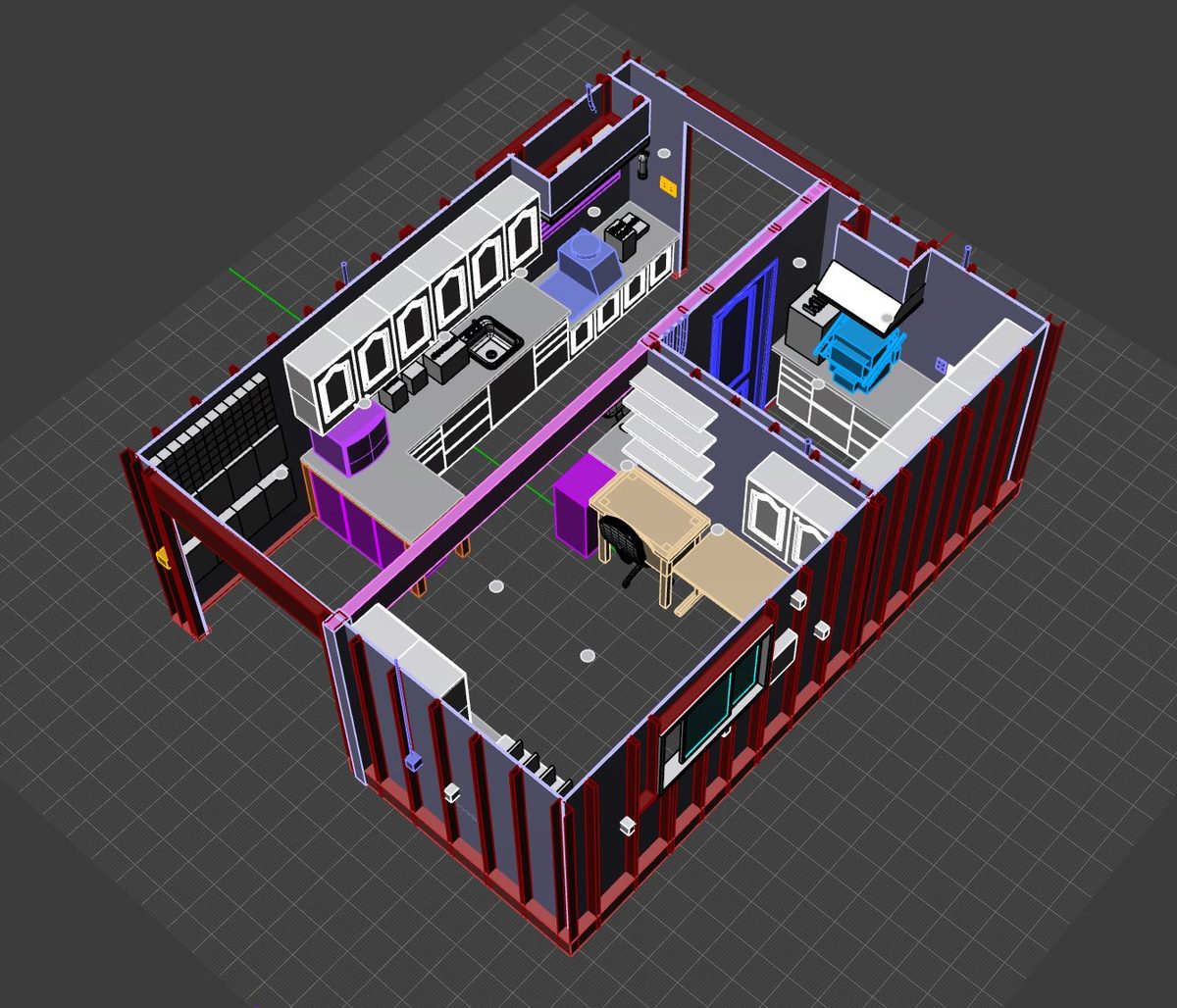 Rhino 3D wireframe model of the workshop layout showing cabinetry, workbenches, and equipment placement