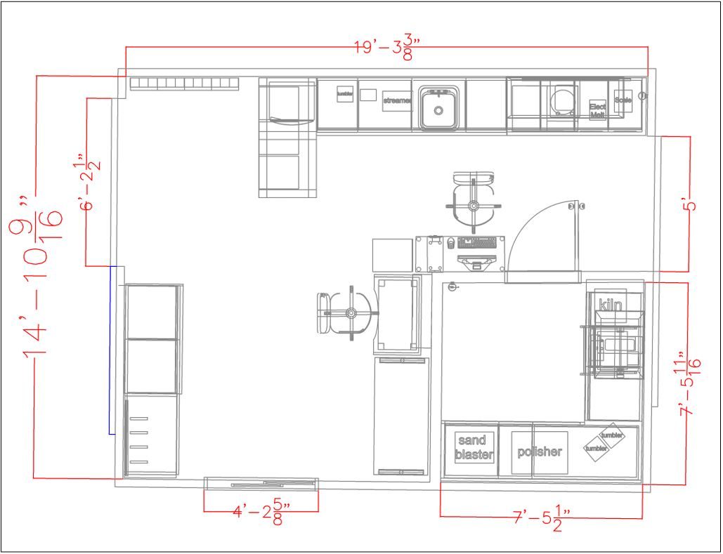 Dimensioned top view drawing of the workshop layout with labeled equipment and measurements